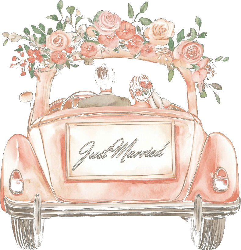 Brautpaar im Hochzeitsauto – Just Married